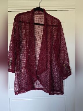 Open-Weave Burgundy Women's Cardigan Sweater Size XL